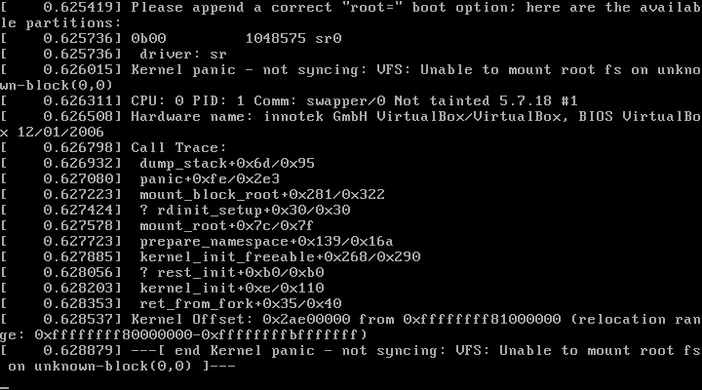 Capture d'écran d'un terminal Linux affichant un message 'Kernel panic - not syncing: VFS: Unable to mount root fs on unknown-block(0,0)' avec des détails techniques comme la version du noyau et une trace d'appels.