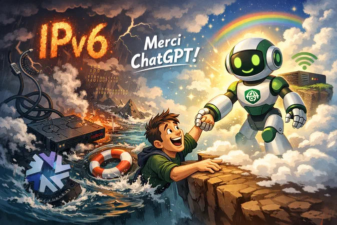 Illustration numérique divisée en deux : chaos technologique avec câbles étouffant une Freebox et logo NixOS qui sombre dans l'eau sous la tempête IPv6 à gauche, robot ChatGPT lumineux aidant une personne soulagée sur fond d'arc-en-ciel à droite.