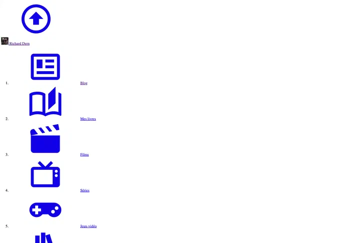 Capture d'écran montrant une liste verticale d'icônes bleues (livre, clapperboard) et de textes ('Blog', 'Mes livres') sur fond blanc sans style CSS.