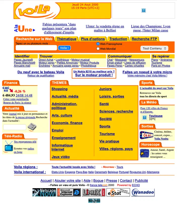 Capture d'écran du portail web français Voila.fr datant de l'an 2000, affichant sa barre de recherche Web, les actualités en page, le cours du CAC40 à près de 6500 points et une liste des navigateurs Internet populaires comme Netscape Navigator.