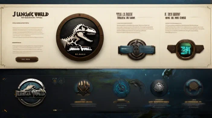 Éléments d'interface utilisateur à thème Jurassic World, incluant des boutons et icônes représentant des dinosaures squelettiques et des symboles stylisés sur fond sombre.