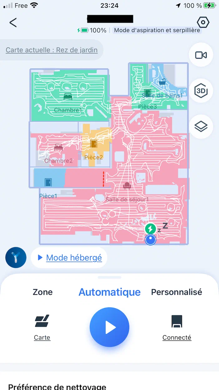 Interface d'application montrant la carte d'une maison après un cycle de nettoyage par un robot aspirateur, avec les trajectoires du robot visibles sur chaque pièce.