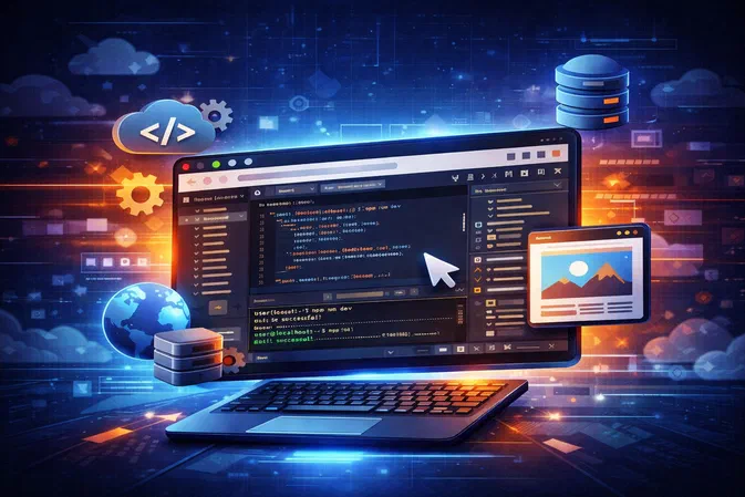 Un ordinateur portable affiche un éditeur de code web sombre avec du JavaScript, entouré d'icônes technologiques dans un espace numérique futuriste.