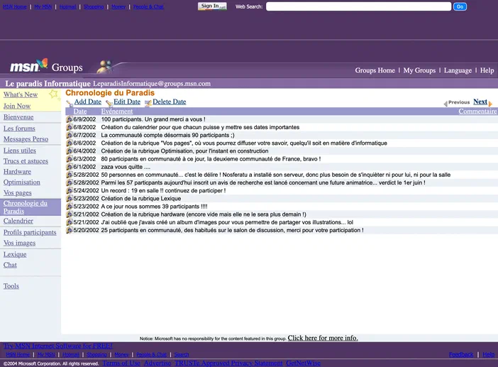 Capture d\'écran de la page Chronologie du Paradis sur le groupe MSN Le paradis Informatique, listant les dates et événements de cette première communauté internet consacrée à l\'informatique.