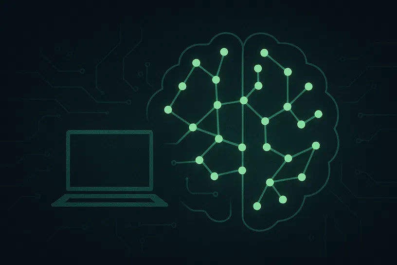Illustration de l'article Illustration d'un cerveau en réseau neuronal lumineux vert sur fond circuit électronique, avec un ordinateur portable stylisé à gauche.