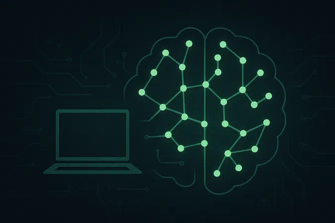 Illustration d'un cerveau en réseau neuronal lumineux vert sur fond circuit électronique, avec un ordinateur portable stylisé à gauche.