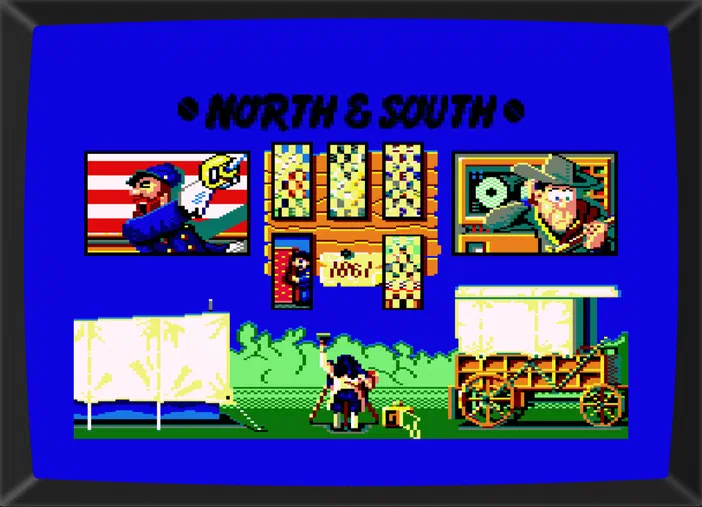 Écran de choix du jeu wargame Nord et Sud sur CPC, montrant des illustrations pixelisées d'unités militaires nordistes et sudistes.
