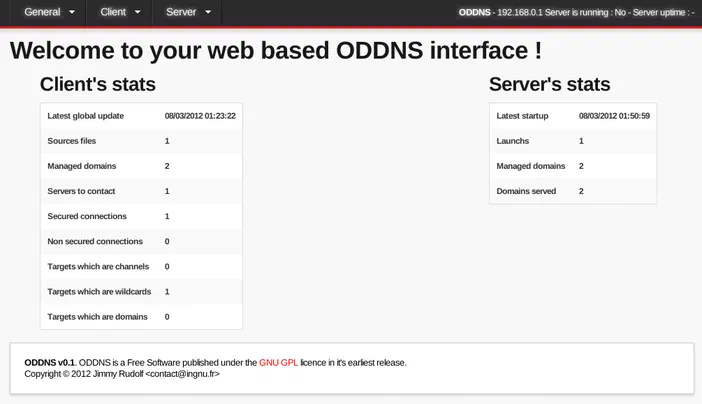 Capture d'écran de l'interface web du logiciel ODDNS montrant les statistiques client et serveur.