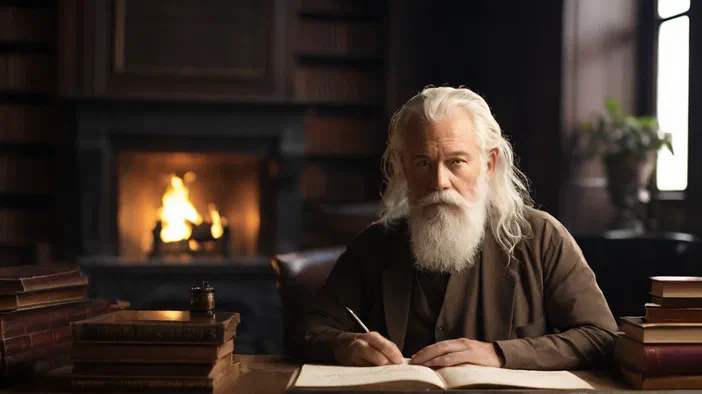 Un homme aux cheveux blancs et barbe blanche est assis au bureau d'une bibliothèque remplie de livres, écrivant sur un carnet avec concentration alors qu'un feu brûle derrière lui.