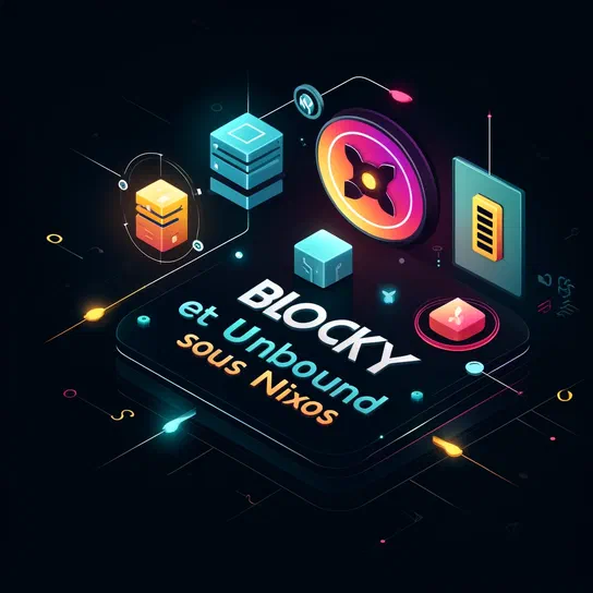 Illustration technique en style isométrique montrant des blocs colorés représentant des serveurs autour du titre central 'BLOCKY et Unbound sous Nixos'.
