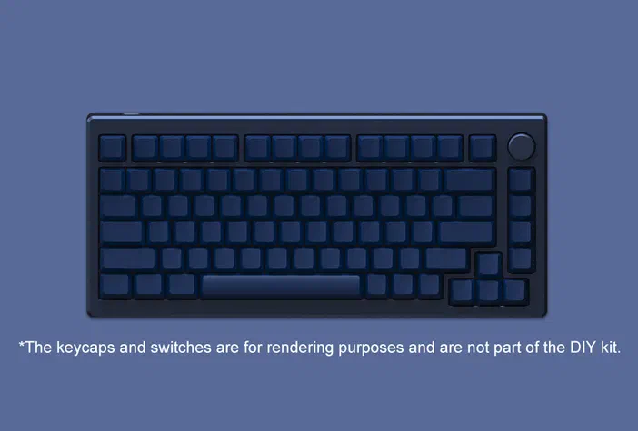 Clavier mécanique noir avec des touches bleues sur fond bleu uni.