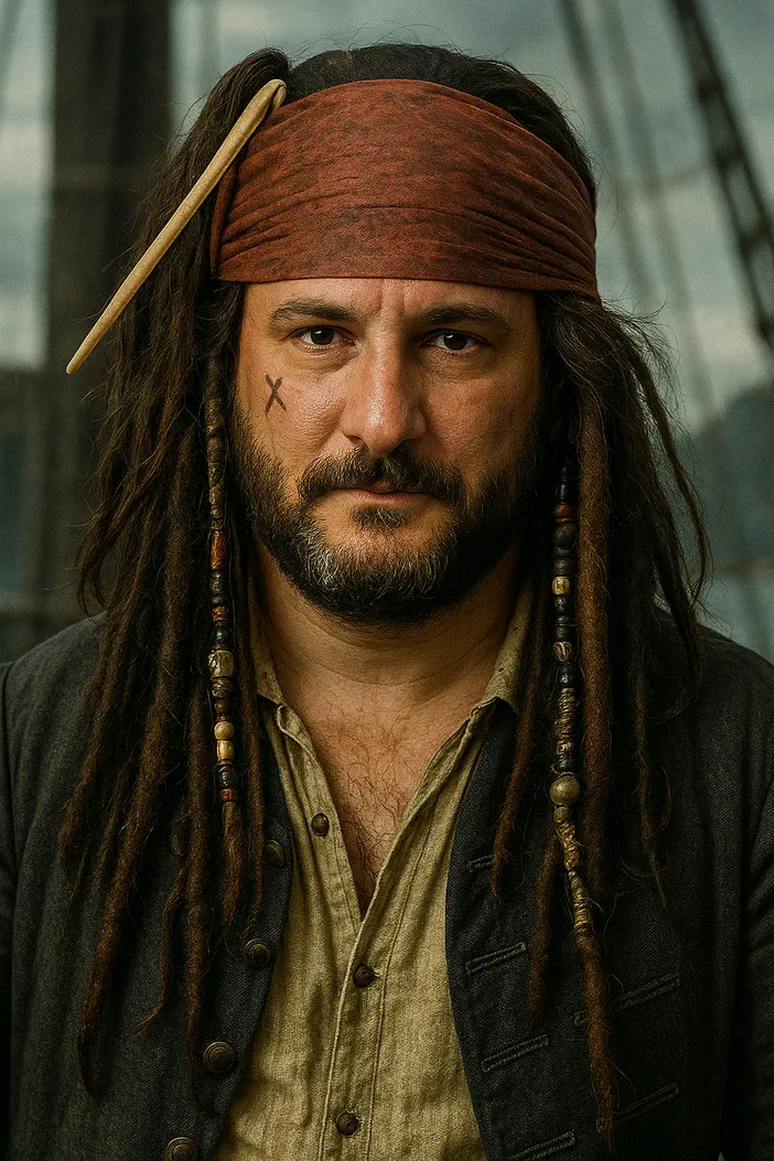 Portrait d'un homme aux dreadlocks, barbe et tatouage au front, vêtu de manière pirate.