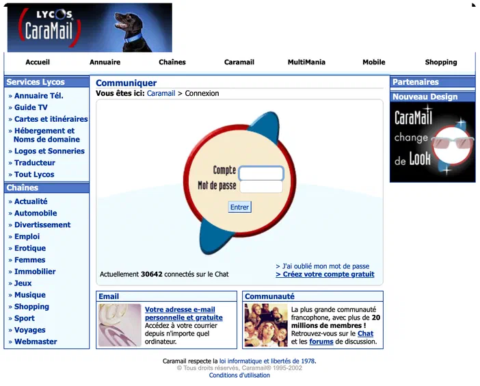 Page d'accueil de l'application web CaraMail affichant un formulaire de connexion au centre, encadrée par des menus de navigation et une liste de services.