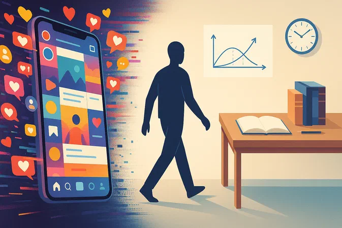 Une silhouette marchant d'un smartphone chaotique rempli de notifications vers un bureau ordonné avec des livres et des diagrammes mathématiques.