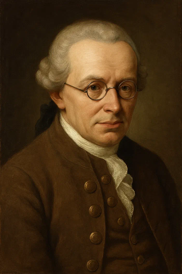 Portrait d'un homme aux cheveux gris portant des lunettes rondes et une veste marron, identifié comme Immanuel Kant dans un style du XVIIIe siècle.