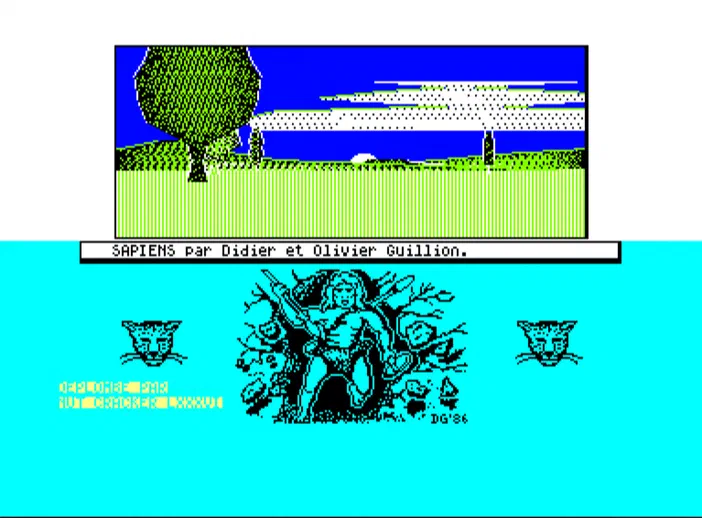 Capture d'écran du jeu vidéo rétro Sapiens pour micro-ordinateur montrant un titre au-dessus d'un paysage pixelisé et une illustration préhistorique avec des félins sur fond cyan.