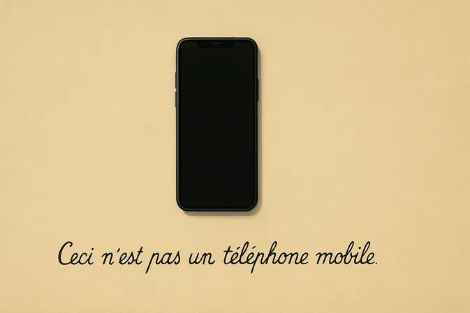 Un téléphone portable noir sur fond beige avec la phrase « Ceci n'est pas un téléphone mobile », référence à l'œuvre de René Magritte.