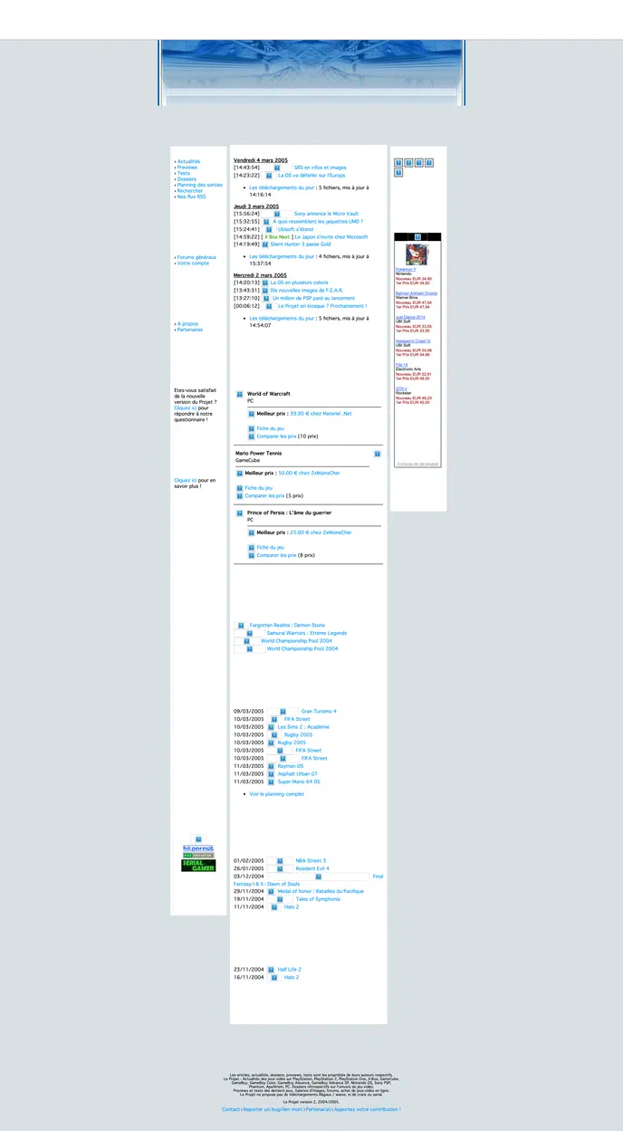 Capture d'écran de la page d'accueil du blog 'Le Projet', consacrée aux actualités des jeux vidéo en mars 2005.