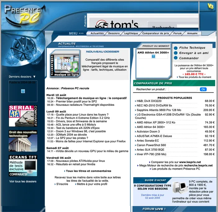 Capture d'écran de la page d'accueil du site informatique Presence-PC.com en août 2004, présentant une liste d'actualités technologiques, des articles sur le téléchargement musical et un comparateur de prix pour du matériel informatique.