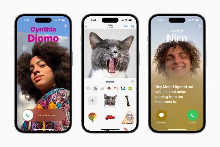 Trois écrans d’iPhone affichant des interfaces de communication vocale avec messages et appels entrants.