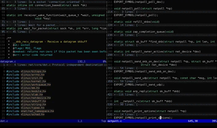 Capture d'écran de l'éditeur Vim affichant du code C avec coloration syntaxique, numérotation des lignes et repli de blocs.