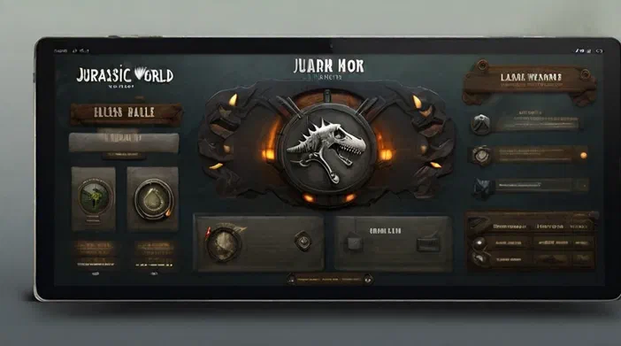 Interface de gestion d'un parc dinosaures avec un logo T-Rex au centre et des panneaux en bois.