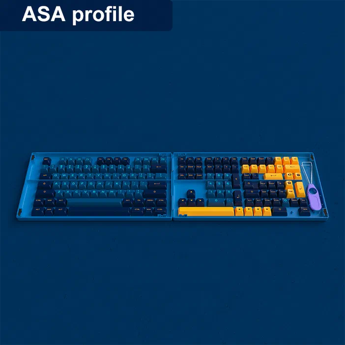Clavier mécanique Akko avec touches noires et oranges sur fond bleu