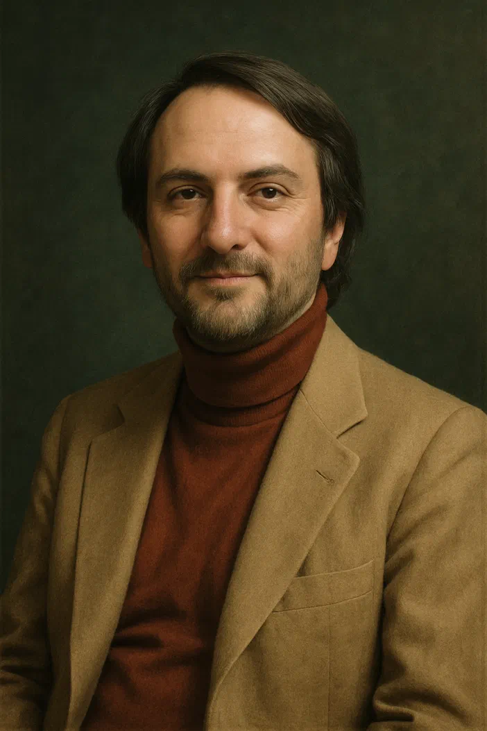 Portrait d'un homme à la barbe, vêtu d'une chemise marron et d'un blazer beige, sur fond vert foncé.