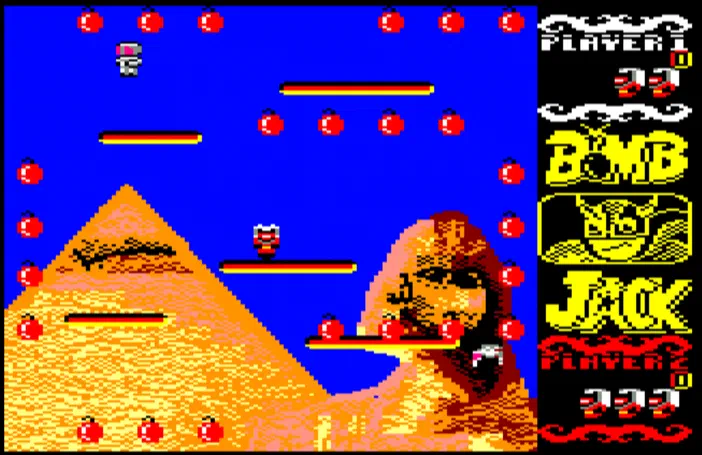 Capture d'écran du jeu de plateforme Bomb Jack, montrant un personnage collectant des bombes rouges sur fond bleu avec une pyramide et le Sphinx.