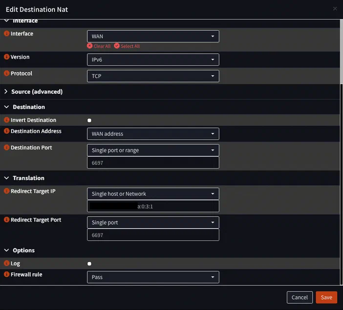 Capture d'écran de l'interface Opnsense pour configurer une règle NAT destinée au port IRC (6697) en IPv6.