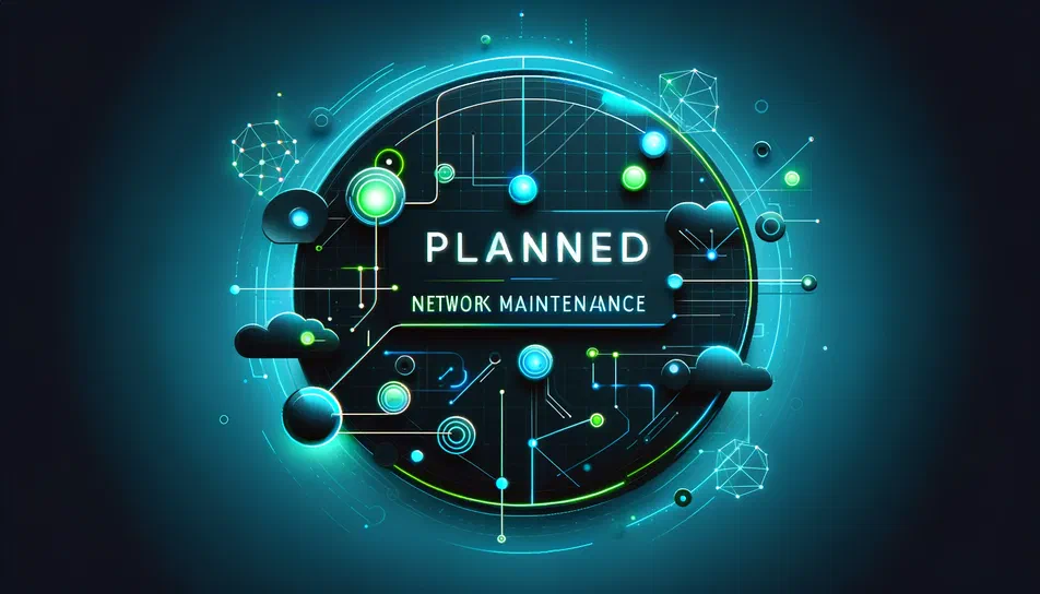 Illustration futuriste avec le texte 'PLANNED NETWORK MAINTENANCE' au centre.