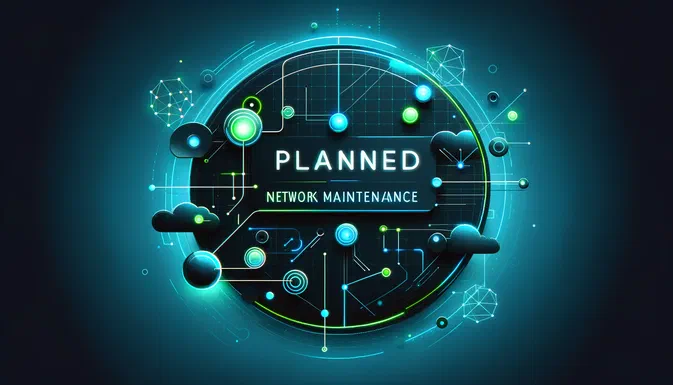 Illustration futuriste avec le texte 'PLANNED NETWORK MAINTENANCE' au centre.