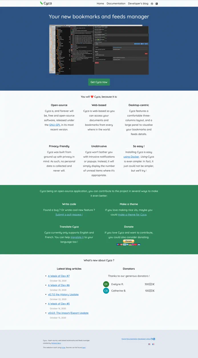 Capture d'écran du site web de Cyca, un gestionnaire de signets et flux RSS open-source.