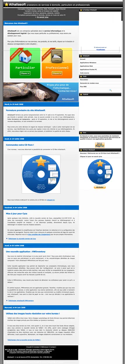 Capture d'écran du site web de l'entreprise Athaliasoft datant de 2008.