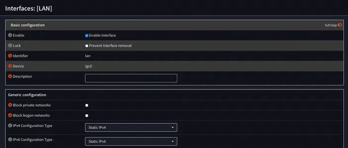 Capture d'écran de l'interface LAN d'un routeur OpenVPN avec des options IPv4 et IPv6 configurées en statique.