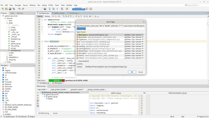 Interface d'Apache NetBeans avec un plugin Python, affichant des fichiers sources et une fenêtre de navigation.