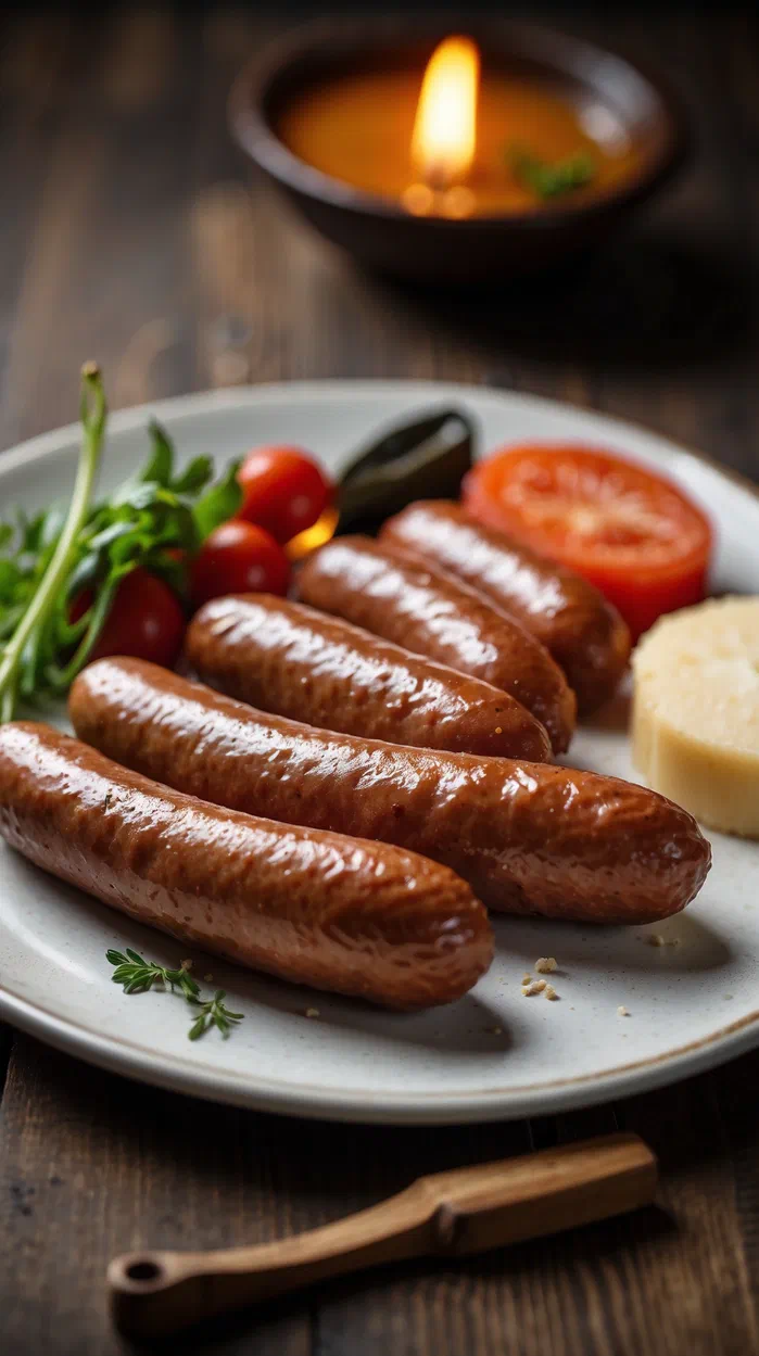 Assiette de saucisses grillées accompagnée de tomates et d'herbes fraîches