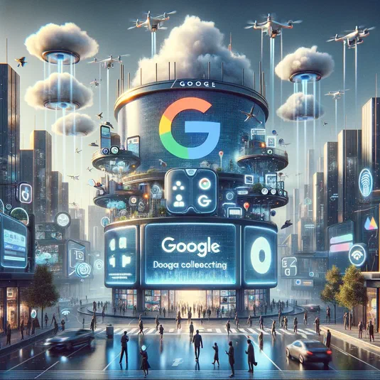 Illustration futuriste d'un bâtiment Google géant au centre d'une ville moderne avec des drones et des écrans lumineux.
