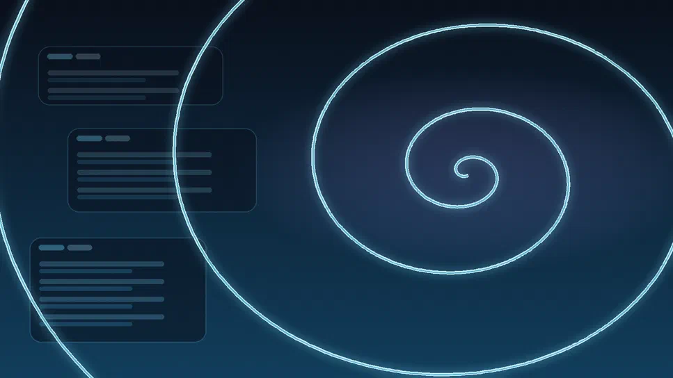 Illustration abstraite éditoriale avec une grande spirale lumineuse bleue sur fond sombre, accompagnée de trois rectangles flous évoquant des résultats de recherche.