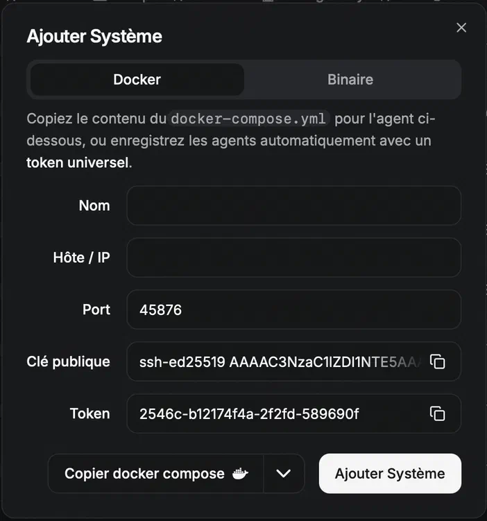 Formulaire d'ajout de système avec des champs pour nom, hôte/IP et port.