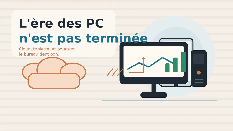 Illustration avec le titre 'L'ère des PC n'est pas terminée', montrant un ordinateur, une tablette et un nuage symbolisant le cloud.