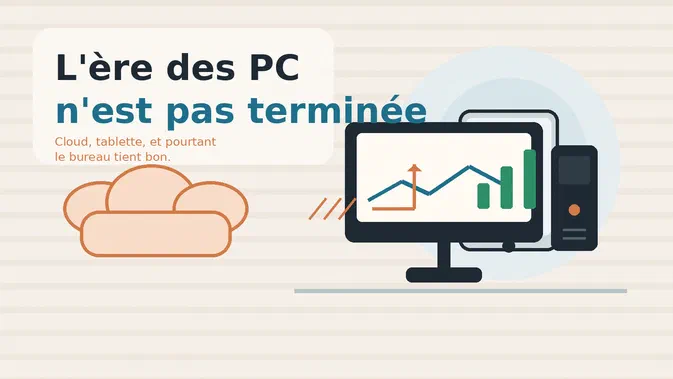 Illustration avec le titre 'L'ère des PC n'est pas terminée', montrant un ordinateur, une tablette et un nuage symbolisant le cloud.