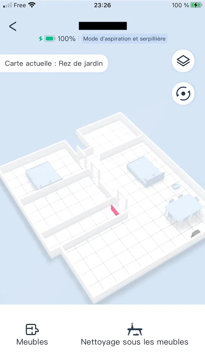 Interface de configuration d'un robot aspirateur affichant une carte en 3D du plan avec des meubles et options pour ajouter ou modifier les obstacles.