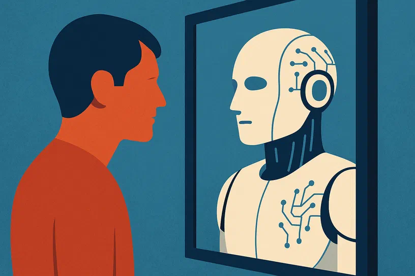 Illustration d'un homme de profil face à un robot humanoïde reflété dans une glace, symbolisant que l'IA est le miroir de notre intelligence collective.