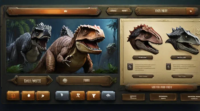 Interface de gestion d'un parc dinosaure avec des éléments graphiques inspirés du film Jurassic World