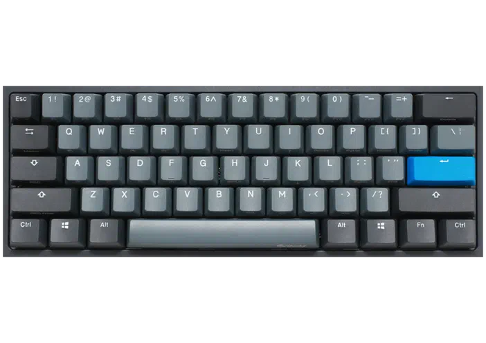 Clavier mécanique compact avec touches grises et une touche bleue pour la flèche gauche.