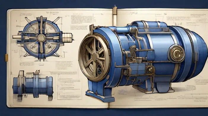 Cahier ouvert présentant un plan technique d'une machine complexe bleue avec des détails de pièces autour du dessin principal.