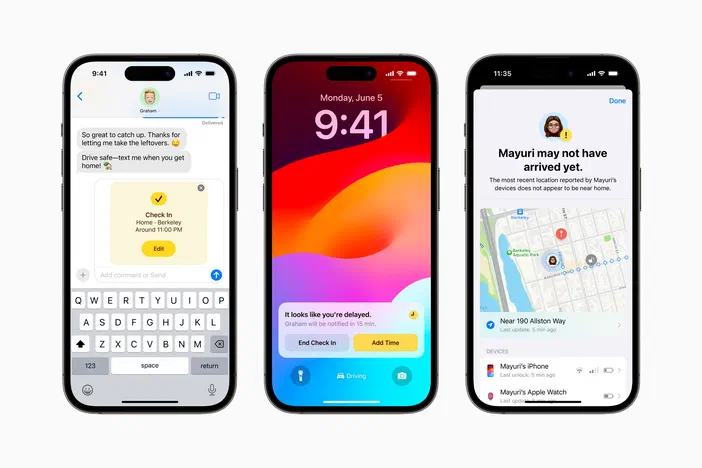 Trois téléphones affichant des fonctionnalités de localisation et d'assistance entre amis.
