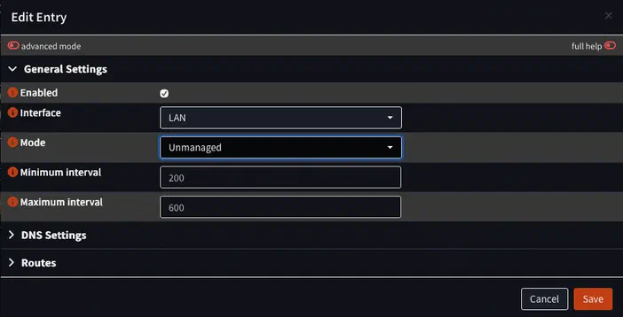Interface de configuration d'OPNsense avec les paramètres 'LAN', 'Unmanaged', interval minimum 200 et maximum 600.