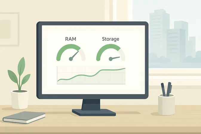 Un écran d'ordinateur sur un bureau affiche des jauges de RAM et de stockage en vert, avec une courbe stable.